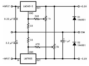 Typical Application Circuit for LM7905 Dual Trimmed Supply