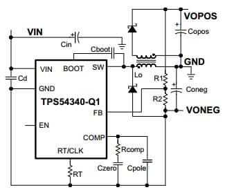 SLVA369, Typical Application Circuit for TPS54340Q Step-Down DC-DC Converter Application Circuit for Split-Rail Power Supply