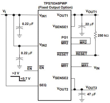 Typical Application Circuit for TPS70345-EP Dual-output low Dropout Voltage Regulators With Power up Sequencing for split voltage dsp system