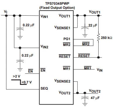 Typical Application Circuit for TPS70345-EP Dual-output low Dropout Voltage Regulators With Power up Sequencing for split voltage dsp system