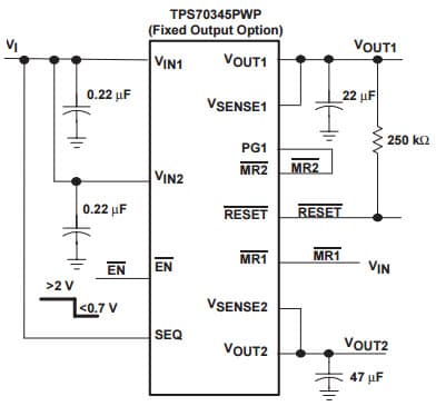 Typical Application Circuit for TPS70345-EP Dual-output low Dropout Voltage Regulators With Power up Sequencing for split voltage dsp system