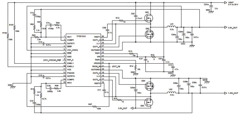 Typical Application Circuit for TPS51020 DDR (2.5V/6A + 1.25V/3A) Cascade synchronous step-down controller for notebook system power