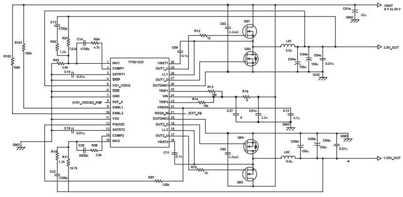 Typical Application Circuit for TPS51020 DDR(2.5V/6A + 1.25V/6A) from VBAT synchronous step-down controller for notebook system power