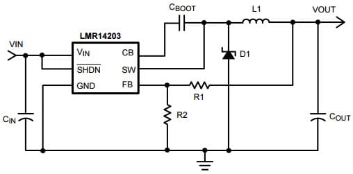 Typical Application Circuit for LMR14203 Simple Switcher 42Vin, 0.3A Step-Down Voltage Regulator