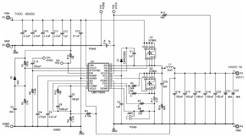 Typical 5V/7A Application Schematic for LM5116WG Wide Range Synchronous Buck Controller