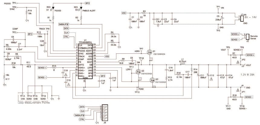 Typical Application Design Schematic-1 for TPS40400 3.0V to 20V PMBUs Synchronous Buck Controller