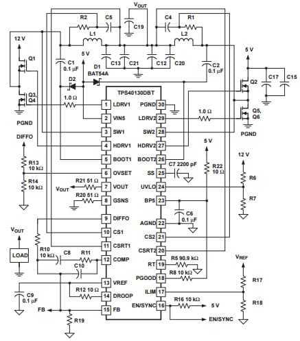 Typical Application Circuit with Input Voltage Power Sharing from Two Separate Voltage Sources for TPS40130 CMOS Ripple Carry Binary Counter Driver