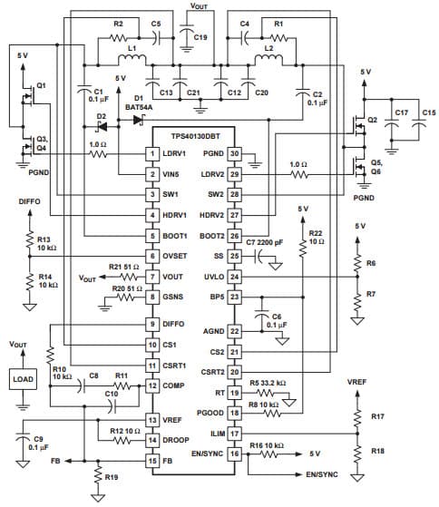 Typical Application Circuit for High-Frequency Operation With Input Voltage of 5V for TPS40130 CMOS Ripple Carry Binary Counter Driver