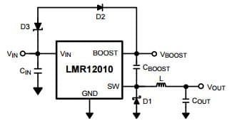 Typical Application Circuit for LMR12010 Zener Reduces Boost Voltage from VIN Step-Down Voltage Regulator