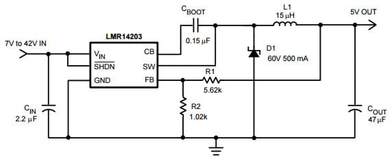 Typical Application Circuit at 5V Output Voltage for LMR14203 Simple Switcher 42Vin, 0.3A Step-Down Voltage Regulator