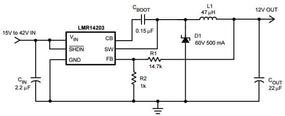 Typical Application Circuit at 12V Output Voltage for LMR14203 Simple Switcher 42Vin, 0.3A Step-Down Voltage Regulator