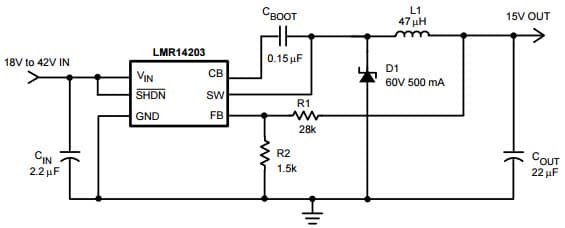 Typical Application Circuit at 15V Output Voltage for LMR14203 Simple Switcher 42Vin, 0.3A Step-Down Voltage Regulator