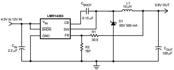 Typical Application Circuit at 0.8V Output Voltage for LMR14203 Simple Switcher 42Vin, 0.3A Step-Down Voltage Regulator