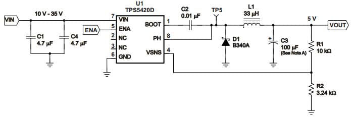 Typical Application Circuit for TPS5420, 10V - 35V to 5V Wide Input Range Step-Down SWIFT Converter