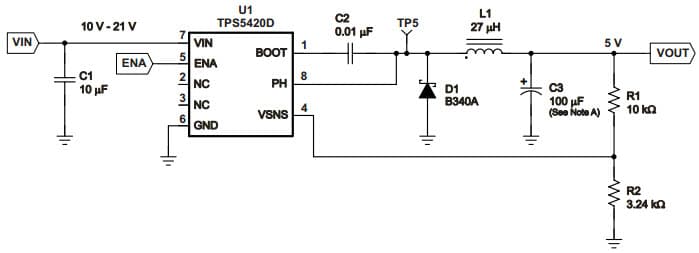 Typical 10V - 21V Input to 5V Output Voltage Application Circuit for TPS5420 Step-Down SWIFT Converter