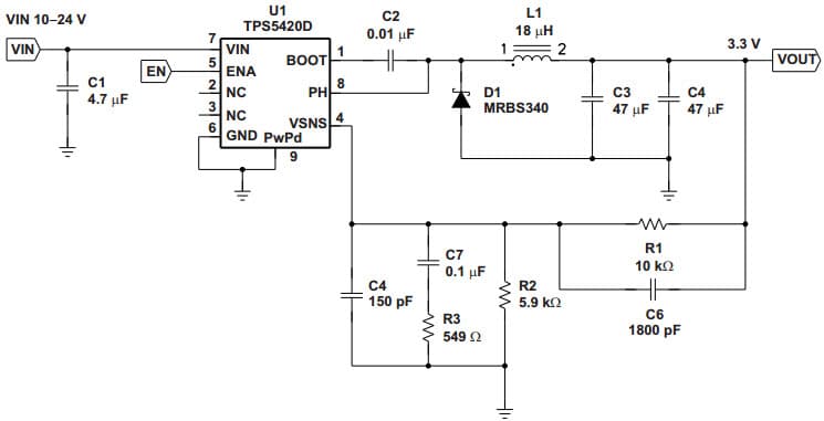 Typical Application Circuit for TPS5420 Step-Down SWIFT Converter for Ceramic Output Filter Capacitors Circuit