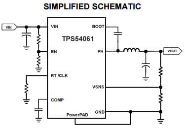 Typical Application Circuit for TPS54061-Q1 Wide-Input, 60-V, 200-mA Synchronous Step-Down DC-DC Converter With Low IQ