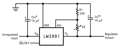 Typical Application Circuit for LM2991-QML Negative Low Dropout Adjustable Regulator