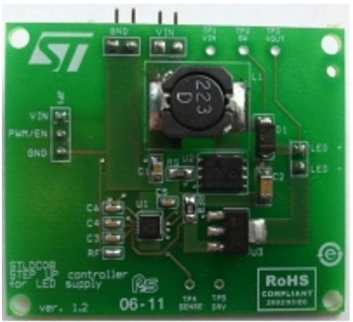 STEVAL-ILL039V2, Demonstration Board using STLDC08 Step-up current controller for 4 LEDs