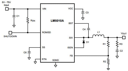 Typical Application Circuit for LM5010A High Voltage 1A Step Down Switching Regulator