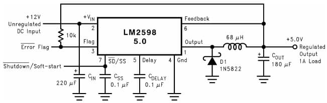 Typical Application Circuit for LM2598 Simple Switcher Power Converter, 1A Step-Down Fixed Output Voltage Versions Regulator