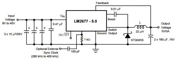 Typical Application Circuit for LM2677 Simple Switcher High Efficiency 5A Step-Down Voltage Regulator with Sync