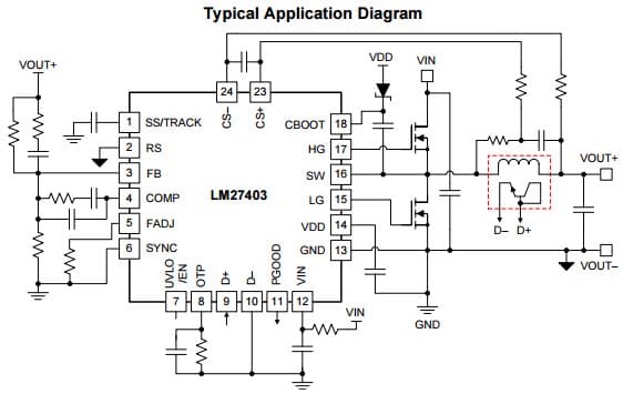 Typical Application Circuit for LM27403 Synchronous Buck Controller with Temperature-Compensated, Inductor-DCR-Based Overcurrent Protection and Programmable thermal shut-down