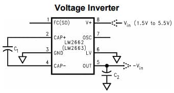 Typical Application Circuit for LM2662 Switched Capacitor Voltage Converter using as a Voltage Inverter