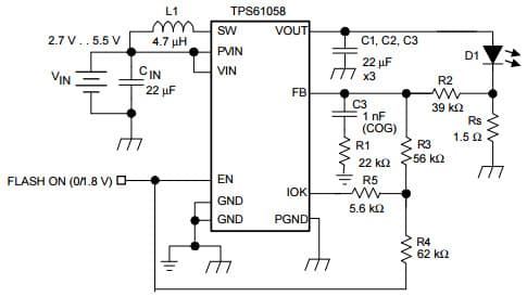 Typical Application for TPS61058 Synchronous Boost Converter with Down Mode High-Power White LED Driver for 500mA Flashlight Application