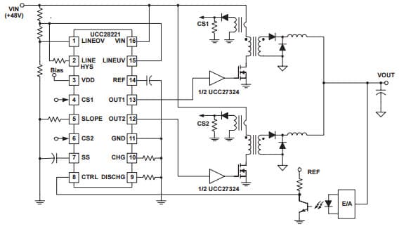 Typical Application Circuit for UCC28220 Interleaved Dual PWM Controller with Programmable Max Duty Cycle