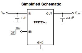 Typical Application Circuit for TPS783 500-nA IQ, 150-mA, Ultra Low Quiescent Current Low-Dropout Linear Regulator