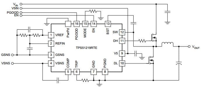 Typical Application Circuit for TPS51219 High performance, Single-Synchronous Step-Down Controller with Differential Voltage Feedback