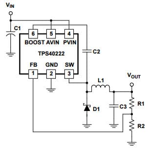 Typical Application Circuit for TPS40222, 1.6A, 1.25Mhz Buck Converter