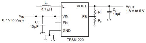 Typical Application Circuit for TPS61220 Low Input Voltage Step-Up Converter In 6 Pin Sc-70 Package