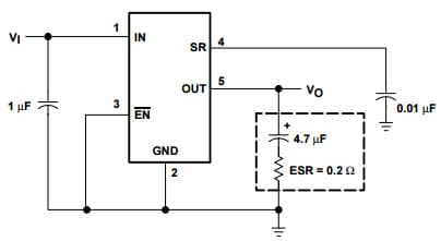 Typical Application Circuit for TPS78833 150-mA low-noise LDO with in-rush current control for USB application