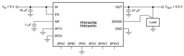 Typical Application Circuit at VOUT = 3.3V for TPS7A47, 36V, 1A, 4.17 uVRMS, RF LDO Voltage Regulator