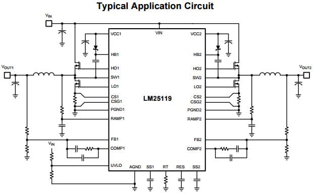 Typical Application Circuit for LM25119 Wide Input Range Dual Synchronous Buck Controller