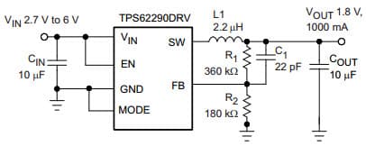 Typical Application Circuit for TPS62291 1A Step Down Converter in 2 x 2 SON Package