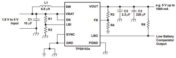 Typical Application Circuit for TPS61032 96% Efficient Synchronous Boost Converter with 4A Switch