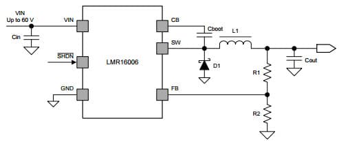 Typical Application Circuit for LMR16006 Simple Switcher 60V, 0.6A Buck Regulator with High Efficiency ECO Mode