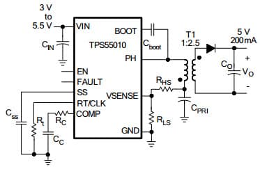 Simplified Typical Application Circuit for TPS55010 2.95V to 6V Input, 2W Isolated DC/DC Converter with Integrated FETs