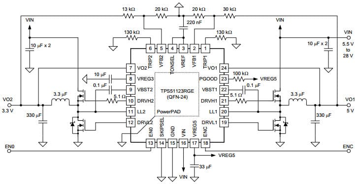 Typical Application Circuit for TPS51123 Dual-Synchronous, Step-Down Controller with Out-of-Audio Operation and 100mA LDOs for Notebook System Power