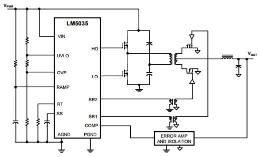 Simplified Typical Application Diagram for LM5035 PWM Controller with Integrated Half-Bridge and SyncFET Driver