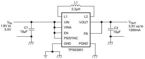 Typical Application Circuit for TPS63001 High Efficient Single Inductor Buck-Boost Converter with 1.8A Switches