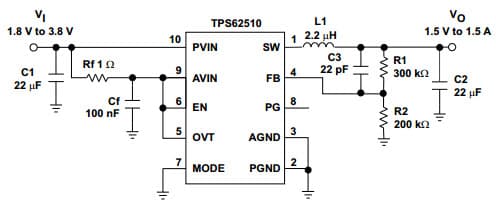 Typical Application Circuit for TPS62510 1.5A Low Vi High Efficiency Step-Down Converter