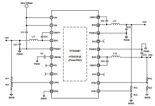 Typical HTSSOP Application Circuit for TPS65581 4.5V to 18V Input 1.5A, 2.5A, 1.5A Triple Synchronous Step-Down Converter