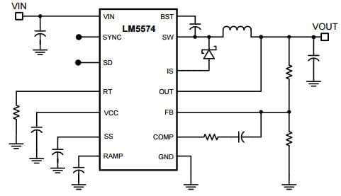 Typical Application Circuit for LM5574Q0MT Simple Switcher 75V, 0.5A Step-Down Switching Regulator