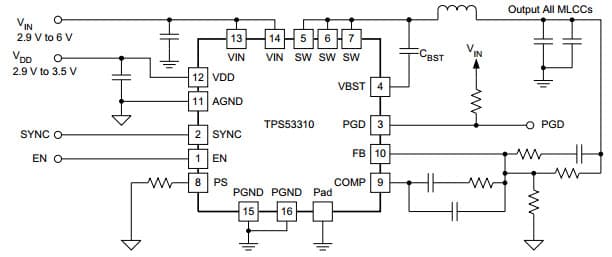 Typical Application Circuit for TPS53310 3A Step-Down Regulator with Integrated Switcher