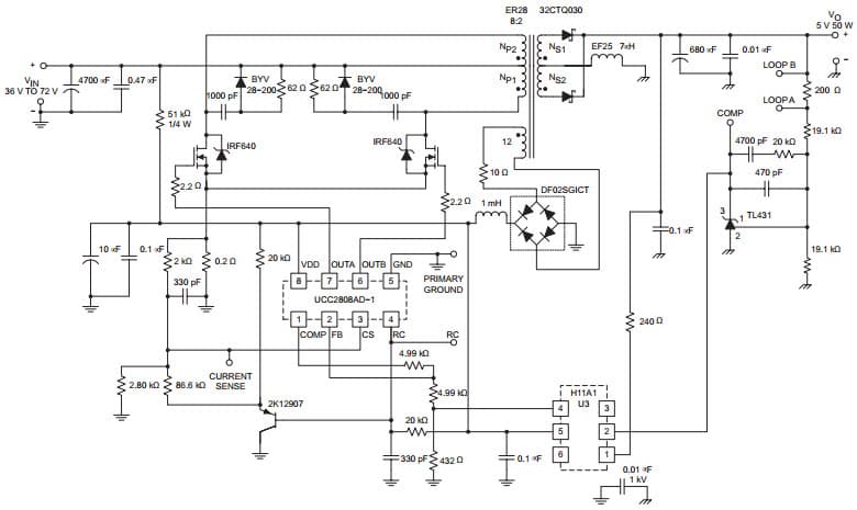 Typical Application Diagram at 48-Vin, 5-V, 50-W Output for UCC2808A-1Q1 CMOS QUAD BILATERAL SWITCH