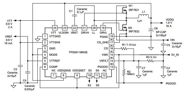 Typical Application Circuit for TPS59116 Complete DDR, DDR2 and DDR3 Memory Power Solution Synchronous Buck Controller, 3A LDO, Buffered Reference for Embedded Computing Systems